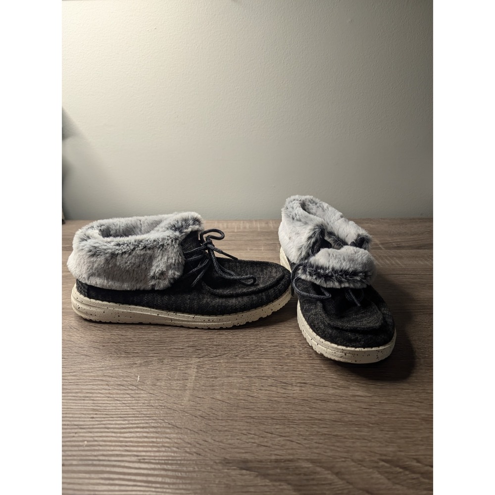 Hey Dude Wendy Fold Women's 6 Gray Faux Fur Lined Slip On Loafer Shoes